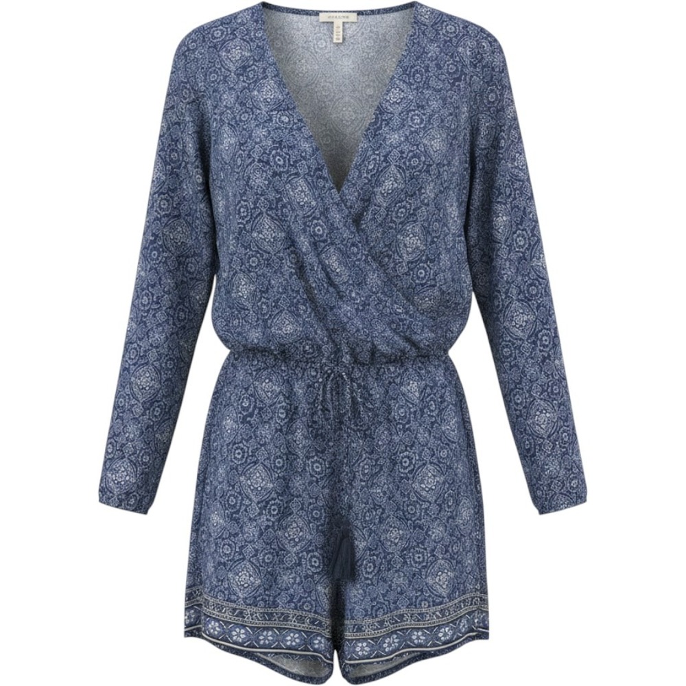 Hollister Y2K SM Navy Floral Romper V-Neck Boho Tassels Long Sleeves Festival